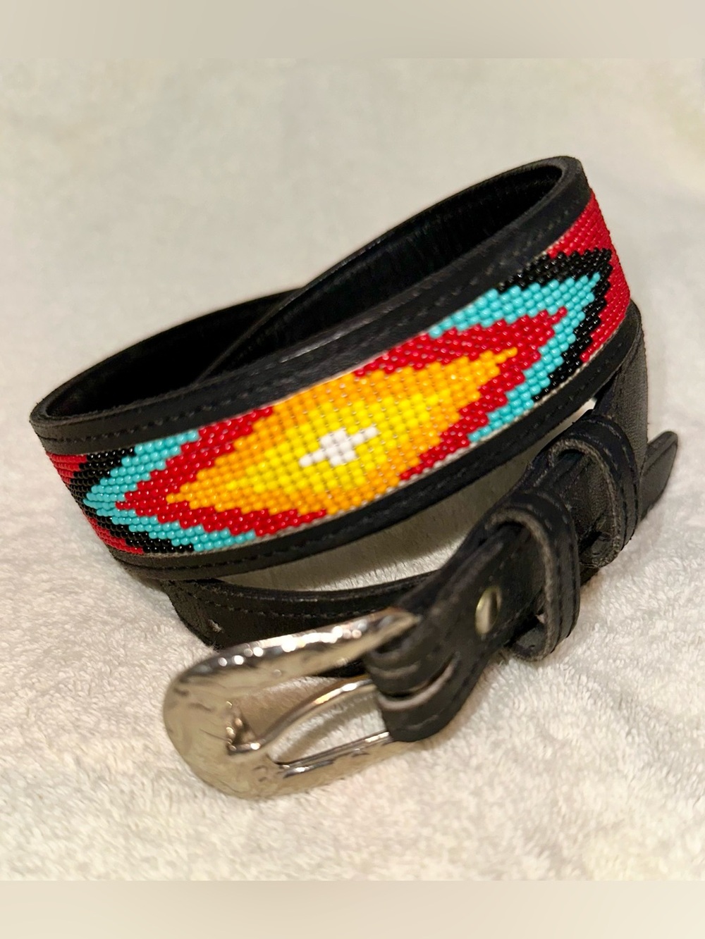 Beaded Western Belt Southwest Diamond Red Turquoise Silver Buckle Faux Size M L